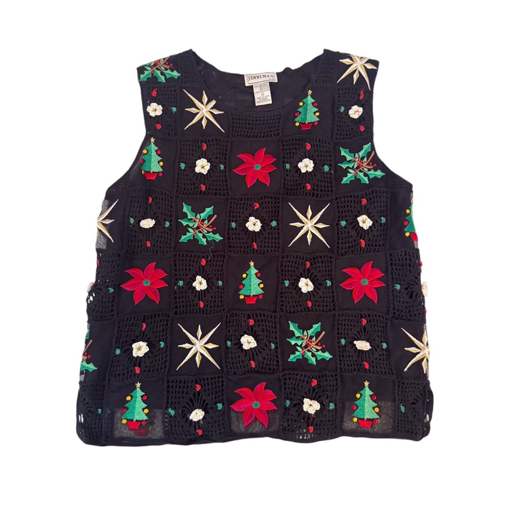 Vintage Jenni Max NYC Large Christmas Crochet Tank Top Embroidered Silk Blend